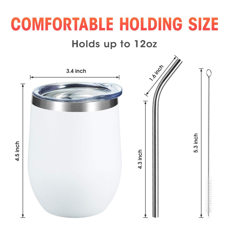 COMOOO 12oz Wine Tumbler with Lid and Straw, Stainless Steel Stemless Wine Glass, Double Wall Vacuum Insulated Wine Tumbler Cup, Cocktails,Beer,Champaign, White, 8 Pack - Image 3